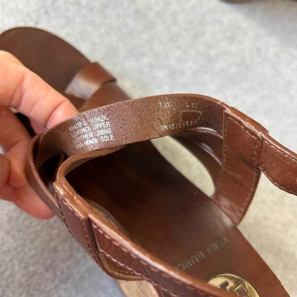 Tory Burch Ace Wedge Heels Brown Sienna Leather Strappy Cork Sandals Size‎ 7 M